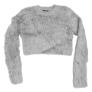 Forever 21 Shaggy Faux Fur Cropped Sweater Light Gray Long Sleeve Women's Small